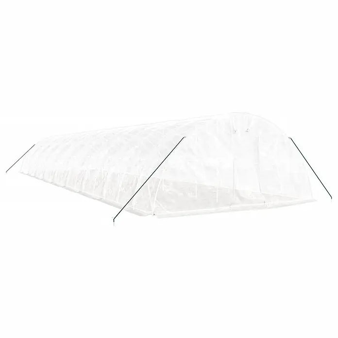 Furnicato Gewächshaus - Außenmaß inkl. Dachüberstand (B x T): 500 x 1.800 cm, Material Seitenwand: Kunststoff, 38 mm, Grau - Weißes, lichtdurchlässiges Folientunnel-Gewächshaus mit grünen Abspannseilen.