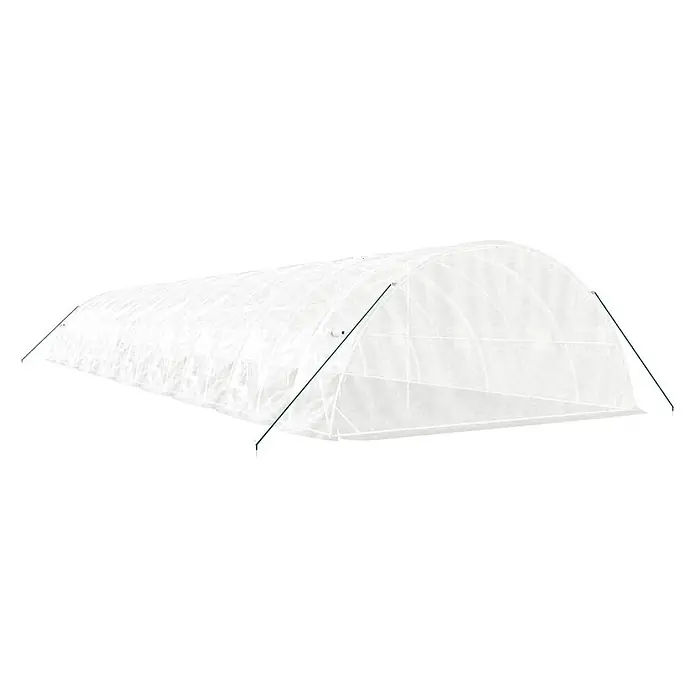 Furnicato Gewächshaus - Außenmaß inkl. Dachüberstand (B x T): 500 x 1.800 cm, Material Seitenwand: Kunststoff, 38 mm, Grau - Weißes, durchscheinendes Folientunnel-Gewächshaus mit grünen Stützstangen.