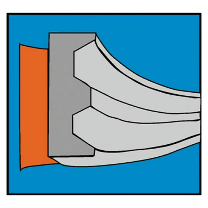 Burlete para ventanas Formato E - Marrón, Largo: 6 m, Desajustes de 1 - 3,5 mm - Una representación esquemática de un sello con diferentes elementos en gris, naranja y azul.