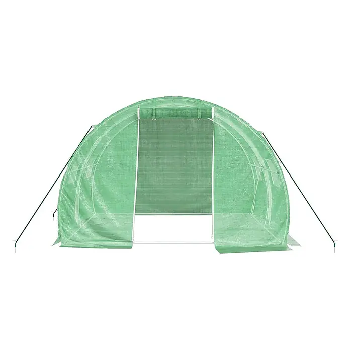Furnicato Gewächshaus verzinkter Stahl - 3 x 2 cm, Material Seitenwand: Kunststoff, 38 mm, Grau - Grünes, lichtdurchlässiges Begeh-Tunnelgewächshaus mit weißem Rahmen und Roll-Up-Tür, gestützt von grünen Stangen.