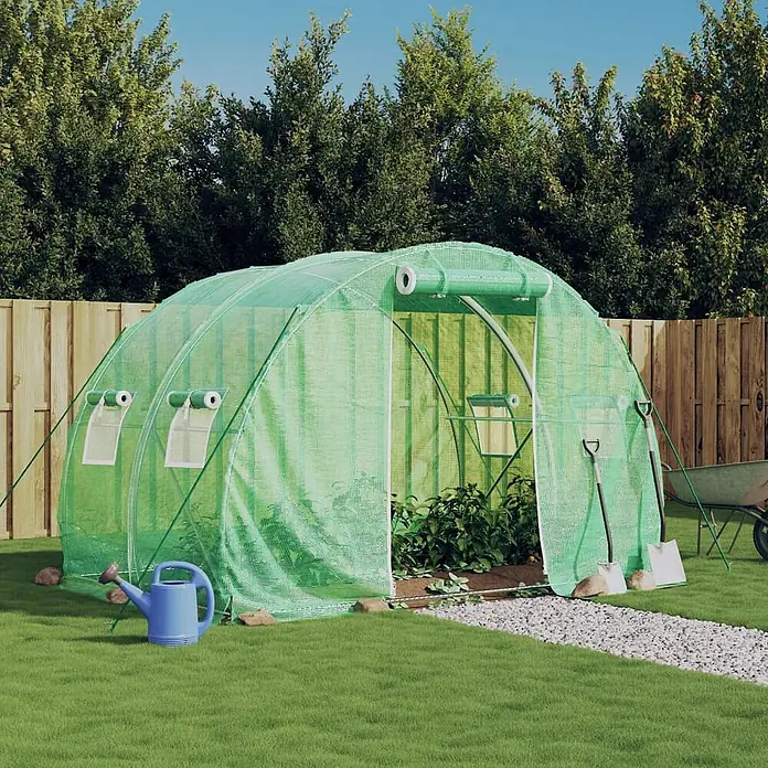 Furnicato Gewächshaus verzinkter Stahl - 3 x 2 cm, Material Seitenwand: Kunststoff, 38 mm, Grau - Grünes durchscheinendes begehbares Tunnelgewächshaus im Garten, mit Pflanzen darin.