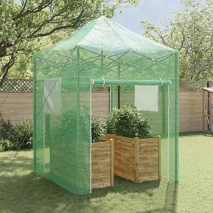 Furnicato Gewächshaus - Außenmaß inkl. Dachüberstand (B x T): 200 x 200 cm, Material Seitenwand: Kunststoff, 38 mm, Grün - Grünes Pop-up-Gewächshaus aus Netzgewebe, das Pflanzen in Holzpflanzgefäßen im Garten schützt.
