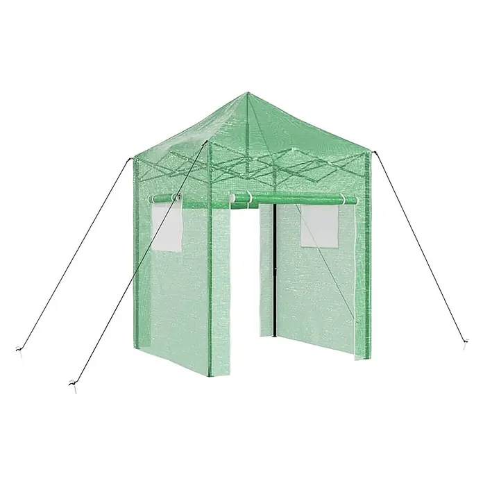 Furnicato Gewächshaus - Außenmaß inkl. Dachüberstand (B x T): 200 x 200 cm, Material Seitenwand: Kunststoff, 38 mm, Grün - Grünes, tragbares Gewächshauszelt mit lichtdurchlässiger Abdeckung, Metallrahmen, aufrollbarem Eingang, Seitenfenstern und Abspannseilen.