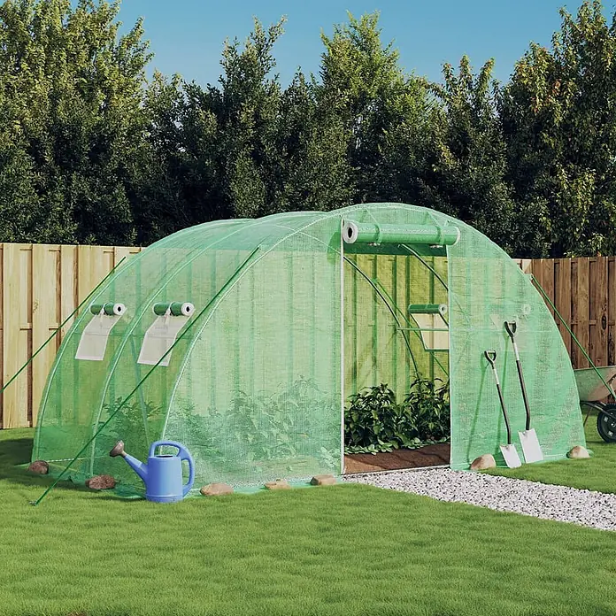 Furnicato Gewächshaus verzinkter Stahl - 4 x 2 cm, Material Seitenwand: Kunststoff, 38 mm, Grau - Grünes Tunnelgewächshaus im Garten, mit Pflanzen darin.