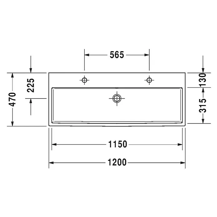 Duravit Vero Air Doppelwaschtisch - 120 x 47 cm, Ohne Spezialglasur, Hahnloch: Mitte, Mit Überlauf, Weiß, Ungeschliffen - Technische Zeichnung eines rechteckigen Waschbeckens mit Maßangaben zu Breite, Tiefe und Position von Armaturen.