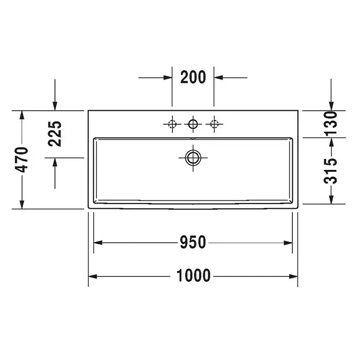 Duravit Vero Air Waschtisch - 100 x 47 cm, Ohne Spezialglasur, Hahnloch: Mitte, Ohne Überlauf, Weiß, Geschliffen - Technische Zeichnung eines Waschbeckens mit Maßangaben in mm. Waschbeckenbreite 1000 mm, Beckenbreite 950 mm, Beckentiefe 470 mm.