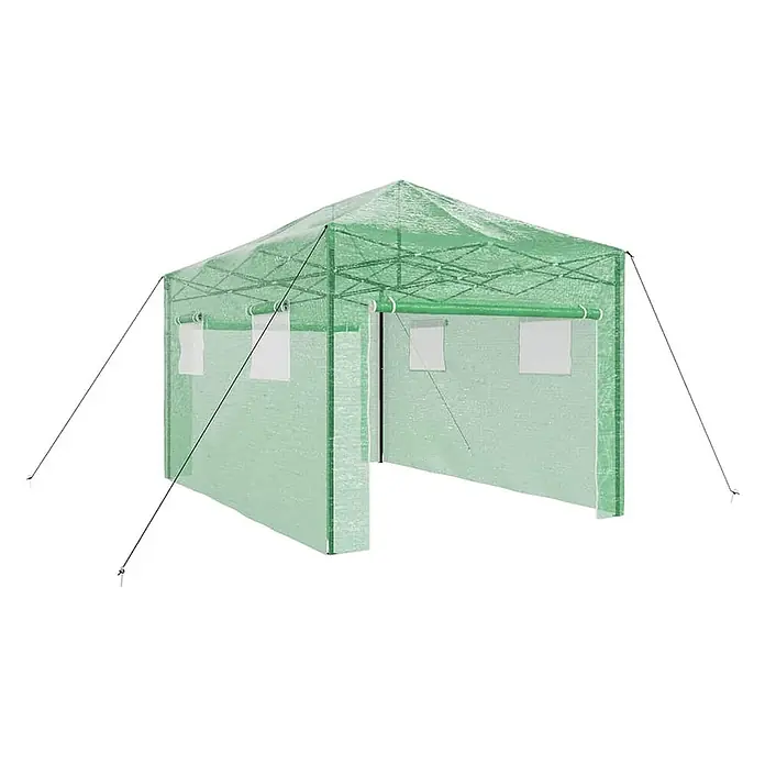 Furnicato Gewächshaus - Außenmaß inkl. Dachüberstand (B x T): 430 x 290 cm, Material Seitenwand: Kunststoff, 38 mm, Grün - Grünes, transluzentes Pop-Up-Gewächshauszelt mit sichtbarem Rahmen, aufrollbaren Fenstern und Abspannleinen.