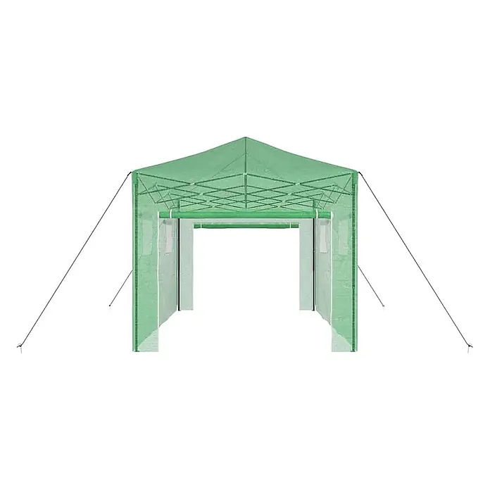 Furnicato Gewächshaus - Außenmaß inkl. Dachüberstand (B x T): 430 x 290 cm, Material Seitenwand: Kunststoff, 38 mm, Grün - Grünes Faltzelt mit sichtbarem Gestell und Abspannseilen für den Außenschutz.