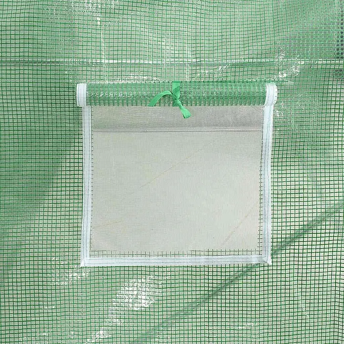 Furnicato Gewächshaus verzinkter Stahl - 6 x 4 cm, Material Seitenwand: Kunststoff, 38 mm, Grau - Grüne Gewächshausabdeckung mit hochgerolltem Fenster und weißem Netz, mit grünem Band befestigt.