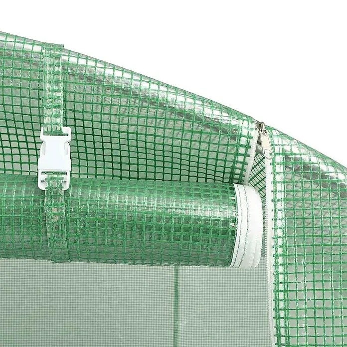 Furnicato Gewächshaus verzinkter Stahl - 6 x 4 cm, Material Seitenwand: Kunststoff, 38 mm, Grau - Aufgerollte transparente Gewächshausabdeckung mit grünem Gitter, befestigt mit einer weißen Kunststoffschnalle und Reißverschluss.
