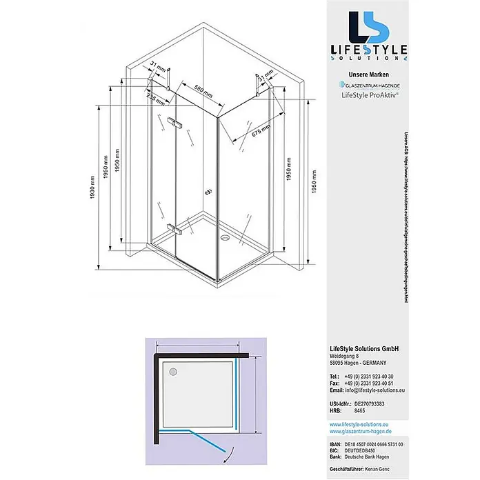 Glaszentrum Hagen Eckdusche Glaszentrum Hagen 90x75x195 cm Hestia Eckduschkabine - 75 x 90 x 195 cm, Imprägniert, Farblos, Stärke: 8 mm - Technische Zeichnung einer Eckduschkabine aus Klarglas mit silbernen Beschlägen und Maßen, mit einer nach außen öffnenden Tür.