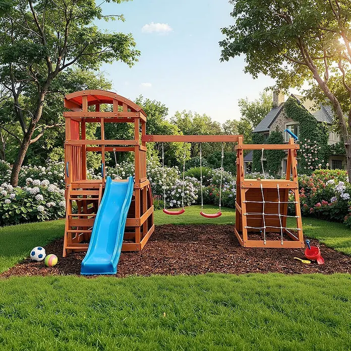 Home Deluxe Kinderspielturm NIA - L x B x H: 448,4 x 420 x 278,4 cm, Holz - Hölzernes Spielgerüst mit blauer Rutsche, roten Schaukeln und Kletternetz in einem sonnigen Garten.