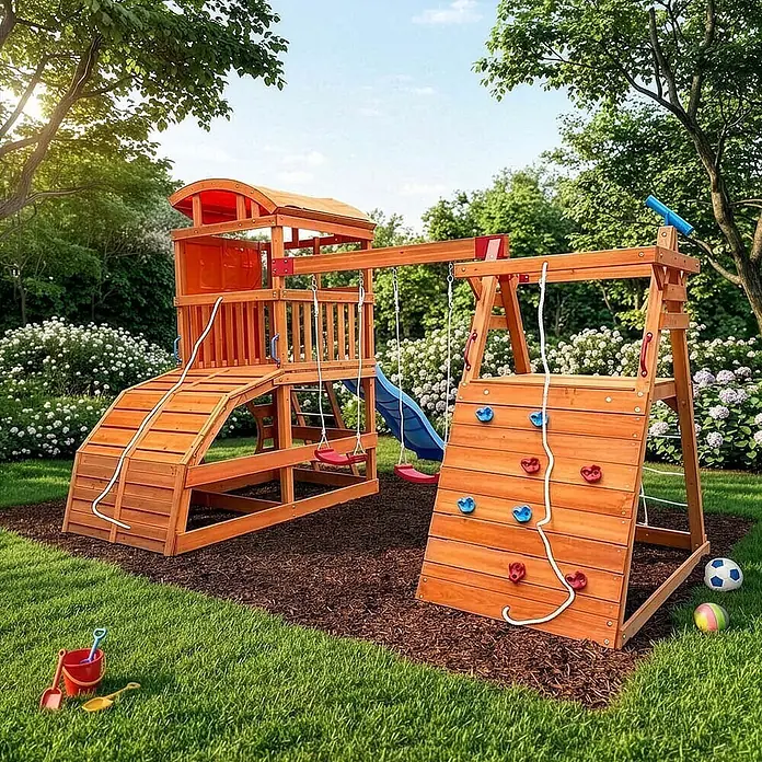 Home Deluxe Kinderspielturm NIA - L x B x H: 448,4 x 420 x 278,4 cm, Holz - Großes Holzspielhaus für den Garten mit Schaukeln, Rutsche, Kletterwand und Spielturm auf Mulch.