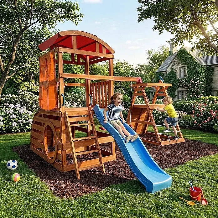 Home Deluxe Kinderspielturm NIA - L x B x H: 448,4 x 420 x 278,4 cm, Holz - Ein Holzspielplatz mit blauer Rutsche und rotem Dach, auf dem zwei Kinder spielen.