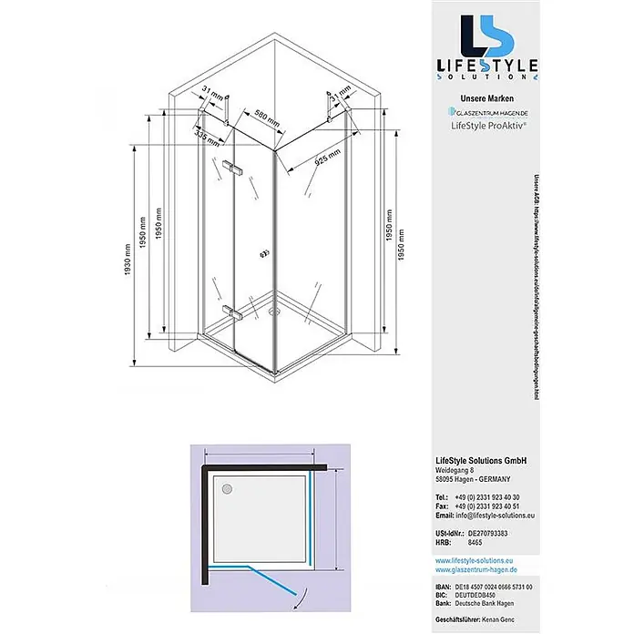 Glaszentrum Hagen Eckdusche Glaszentrum Hagen 100x100x195 cm Hestia Eckduschkabine - 100 x 100 x 195 cm, Imprägniert, Farblos, Stärke: 8 mm - Technische Zeichnung einer Eckduschkabine mit Schwingtür und Maßen.