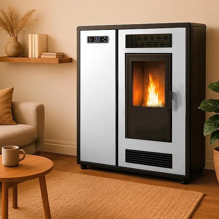Sannover Pelletofen Astral 12,2 kW Weiß - 12,2 kW, Raumheizvermögen: 300 m³, 2,4 kg/h, Farbe Verkleidung: Weiß - Moderner silber-schwarzer Pelletofen mit sichtbarer Flamme in einem gemütlichen Wohnzimmer.