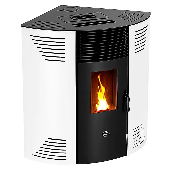 Sannover Pelletofen Iseos 12,2 kW Weiß - 12,2 kW, Raumheizvermögen: 300 m³, 2,4 kg/h, Farbe Verkleidung: Weiß - Weißer und schwarzer Eck-Pelletofen mit sichtbarer Flamme.