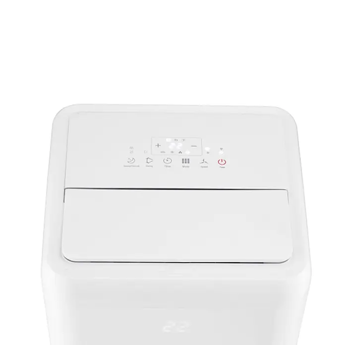 Sannover Mobiles Klimagerät Umkehrbare (Warm/Kalt) 3,5 kW / 12000 BTU Fresho - 3,5 kW, Raumgröße: 35 m², weiß - Weißes Klimagerät mit digitalem Bedienfeld oben, das 22 Grad und Steuerungssymbole anzeigt.