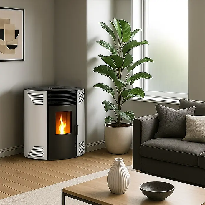 Sannover Pelletofen Iseos 12,2 kW Weiß - 12,2 kW, Raumheizvermögen: 300 m³, 2,4 kg/h, Farbe Verkleidung: Weiß - Weiß-schwarzer Eck-Pelletofen mit sichtbaren Flammen, wärmt ein modernes Wohnzimmer.