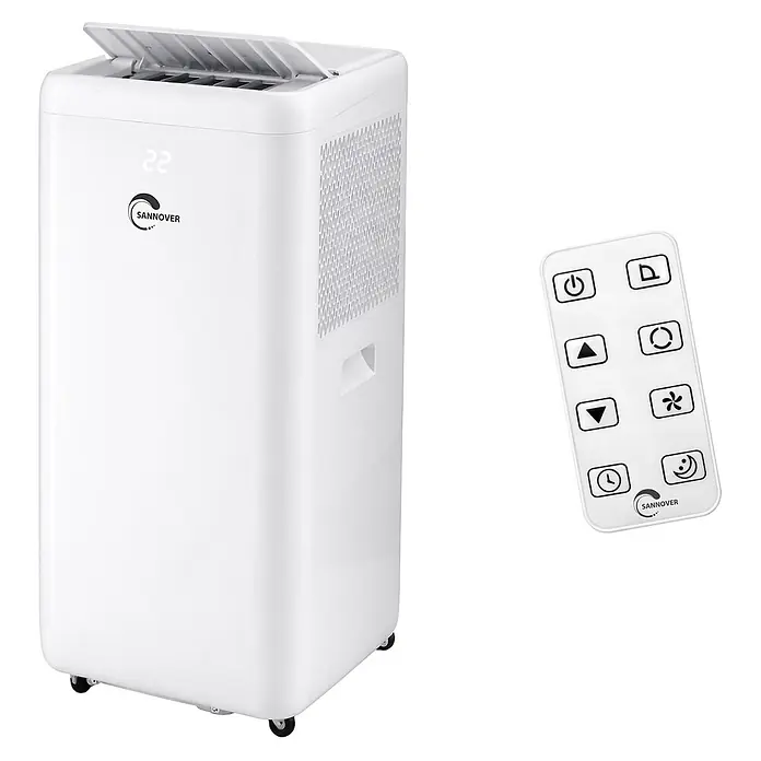 Sannover Mobiles Klimagerät Umkehrbare (Warm/Kalt) 3,5 kW / 12000 BTU Fresho - 3,5 kW, Raumgröße: 35 m², weiß - Weißes, tragbares Klimagerät mit geöffneter oberer Lüftung und passender Fernbedienung.