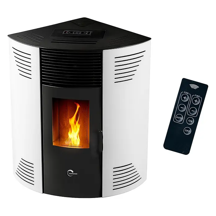 Sannover Pelletofen Iseos 12,2 kW Weiß - 12,2 kW, Raumheizvermögen: 300 m³, 2,4 kg/h, Farbe Verkleidung: Weiß - Weiß-schwarzer Eck-Pelletofen mit sichtbarer Flamme und schwarzer Fernbedienung.