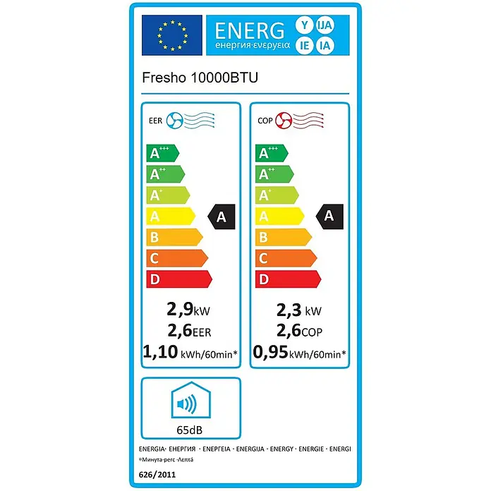 Sannover Mobiles Klimagerät Umkehrbare (Warm/Kalt) 2,9 kW / 10000 BTU Fresho - 2,9 kW, Raumgröße: 16 m², weiß - EU-Energielabel für Fresho 10000BTU Klimaanlage: Effizienz A (Kühlen EER, Heizen COP), Leistung, Verbrauch und 65dB Geräuschpegel.