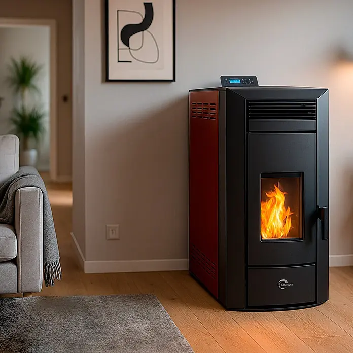 Sannover Pelletofen - 22,7 kW, Raumheizvermögen: 530 m³, 3,6 kg/h, Farbe Verkleidung: Bordeauxrot - Moderner schwarz-roter Pelletofen mit sichtbarer Flamme in einem gemütlichen Wohnzimmer.