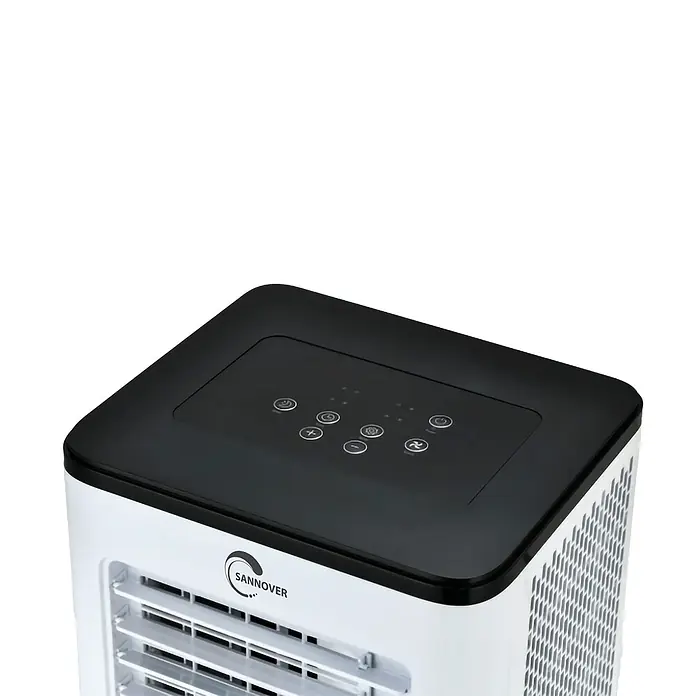 Sannover Mobiles Klimagerät Umkehrbare (Warm/Kalt) 2,9 kW / 10000 BTU Fresho - 2,9 kW, Raumgröße: 16 m², weiß - Ansicht von oben auf einen weißen Luftkühler mit schwarzem Bedienfeld, Funktionstasten und "SANNOVER"-Logo.