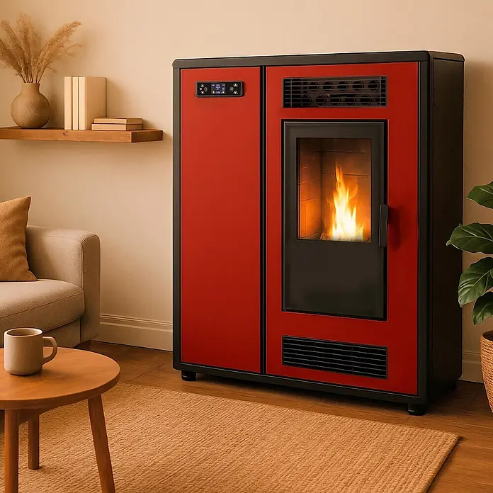 Sannover Pelletofen Astral 12,2 kW Bordeaux - 12,2 kW, Raumheizvermögen: 300 m³, 2,4 kg/h, Farbe Verkleidung: Bordeauxrot - Roter und schwarzer Pelletofen mit sichtbarer Flamme, in einem gemütlichen Wohnzimmer platziert.