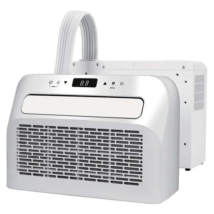 Sannover Mobiles Klimagerät - 1,5 kW, Raumgröße: 12 m², weiß - Weißes, tragbares Klimagerät mit flexiblem Abluftschlauch, Digitalanzeige, Bedientasten und Frontgittern.