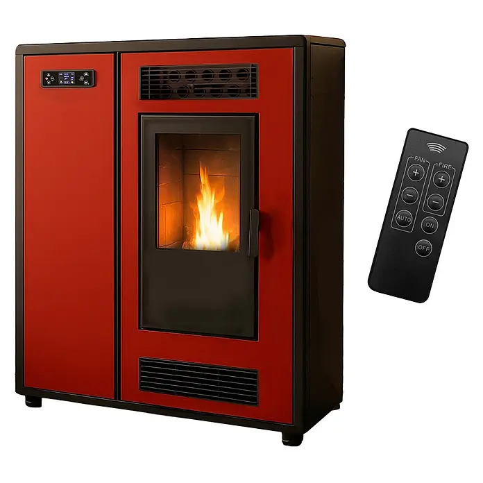 Sannover Pelletofen Astral 12,2 kW Bordeaux - 12,2 kW, Raumheizvermögen: 300 m³, 2,4 kg/h, Farbe Verkleidung: Bordeauxrot - Roter und schwarzer Pelletofen mit sichtbarer Flamme und schwarzer Fernbedienung für Lüfter- und Flammeinstellungen.