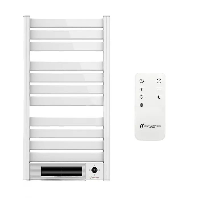Sannover Elektro-Badheizkörper mit Gebläse Omiros Sannover 2000 W Weiß - B x H: 550 x 1.030 mm - Weißer elektrischer Handtuchwärmer mit Querstreben, Gebläseheizung und Fernbedienung.
