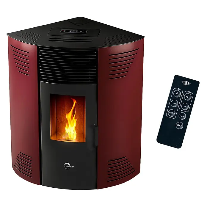 Sannover Pelletofen Iseos 12,2 kW Bordeaux - 12,2 kW, Raumheizvermögen: 300 m³, 2,4 kg/h, Farbe Verkleidung: Bordeauxrot - Roter und schwarzer Eck-Pelletofen mit sichtbarer Flamme und schwarzer Fernbedienung.