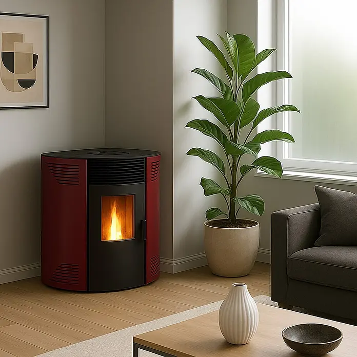 Sannover Pelletofen Iseos 12,2 kW Bordeaux - 12,2 kW, Raumheizvermögen: 300 m³, 2,4 kg/h, Farbe Verkleidung: Bordeauxrot - Roter und schwarzer Pelletofen mit brennendem Feuer, der ein modernes Wohnzimmer heizt.