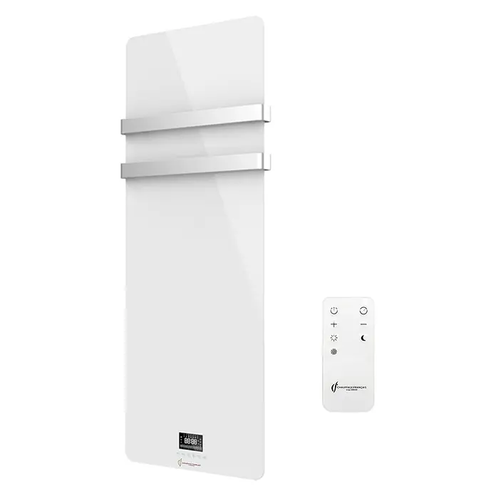Sannover Elektro-Badheizkörper - B x H: 480 x 1.222 mm - Weißer Glas-Handtuchwärmer mit zwei Chromstangen, Digitalanzeige und Fernbedienung.
