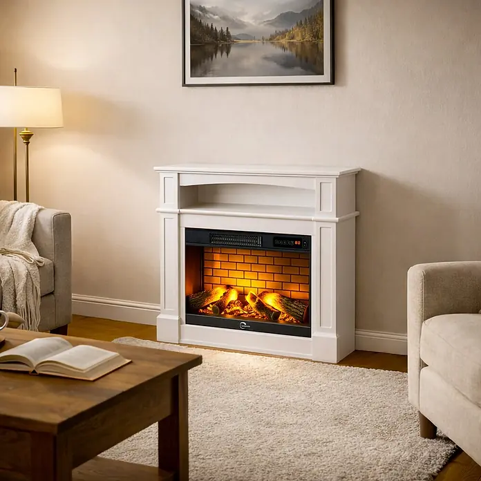 Sannover Kaminofen Sifora 2000 W 80,5 x 30 x 81 cm Weiß – Wird montiert und betriebsbereit - 2 kW, Material Verkleidung: Stahl, Weiß - Weißer elektrischer Kamin mit orangem Glühen und künstlichen Holzscheiten, in einem gemütlichen Wohnzimmer.