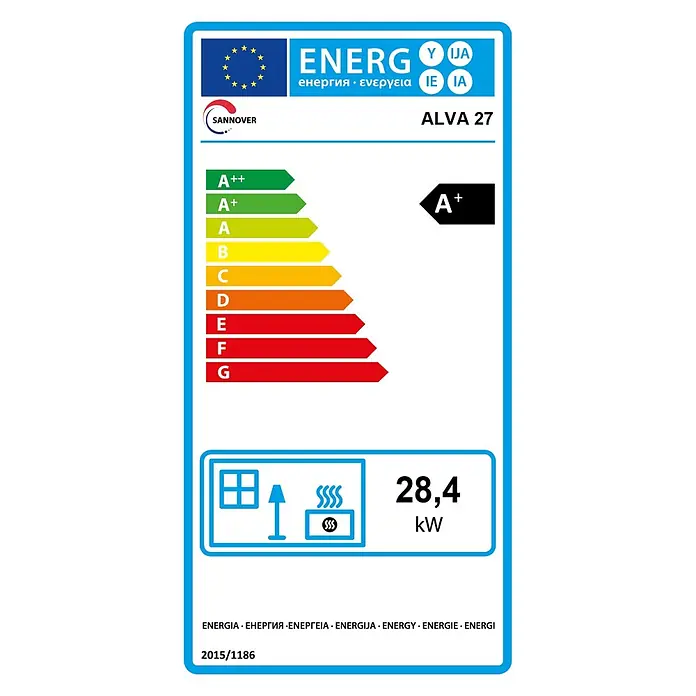 Sannover Pelletofen Alva 30,7 kW - 30,7 kW, Raumheizvermögen: 500 m³, 6,4 kg/h, Farbe Verkleidung: Schwarz - SANNOVER ALVA 27 Energielabel, Klasse A+ für Heizung, 28,4 kW Leistung.
