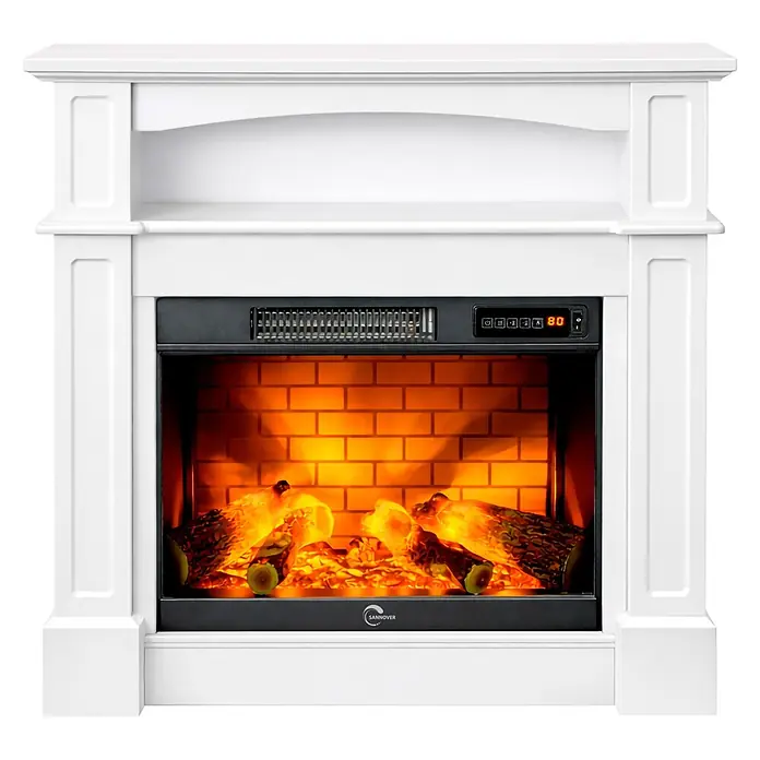Sannover Kaminofen Sifora 2000 W 80,5 x 30 x 81 cm Weiß – Wird montiert und betriebsbereit - 2 kW, Material Verkleidung: Stahl, Weiß - Weißer Elektrokamin mit klassischem Kaminsims, realistischen Holzscheiten, künstlichen Flammen, Ziegelmuster-Interieur und digitaler Anzeige '80'.