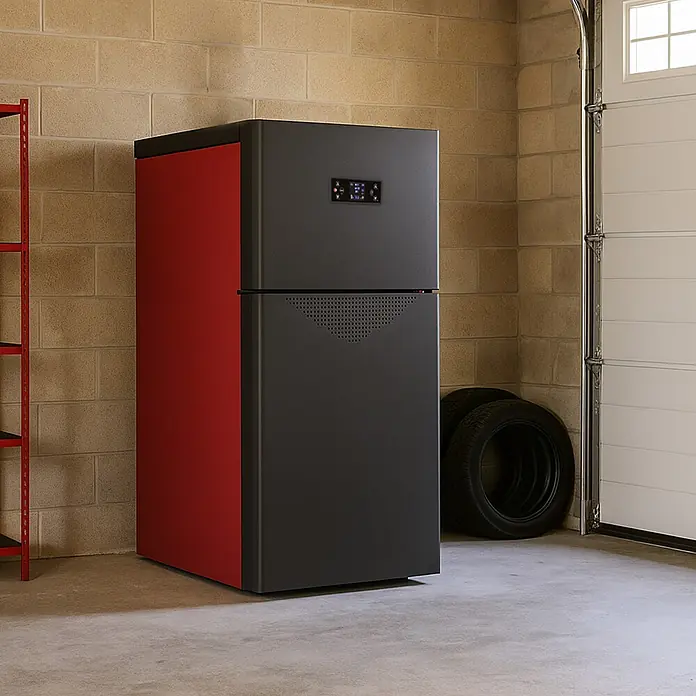 Sannover Pelletofen Alva 30,7 kW - 30,7 kW, Raumheizvermögen: 500 m³, 6,4 kg/h, Farbe Verkleidung: Schwarz - Roter und dunkelgrauer Metallkessel mit Display in einer Garage. Daneben stehen Reifen und ein rotes Regal.
