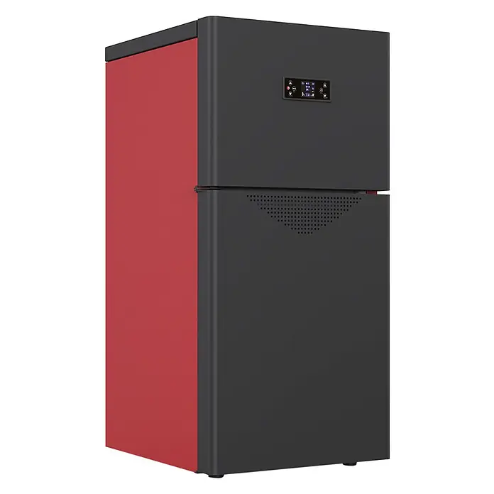 Sannover Pelletofen Alva 30,7 kW - 30,7 kW, Raumheizvermögen: 500 m³, 6,4 kg/h, Farbe Verkleidung: Schwarz - Rotes und schwarzes rechteckiges Gerät mit Digitalanzeige und Lüftungsschlitzen. Wahrscheinlich eine Heiz- oder Kühleinheit.