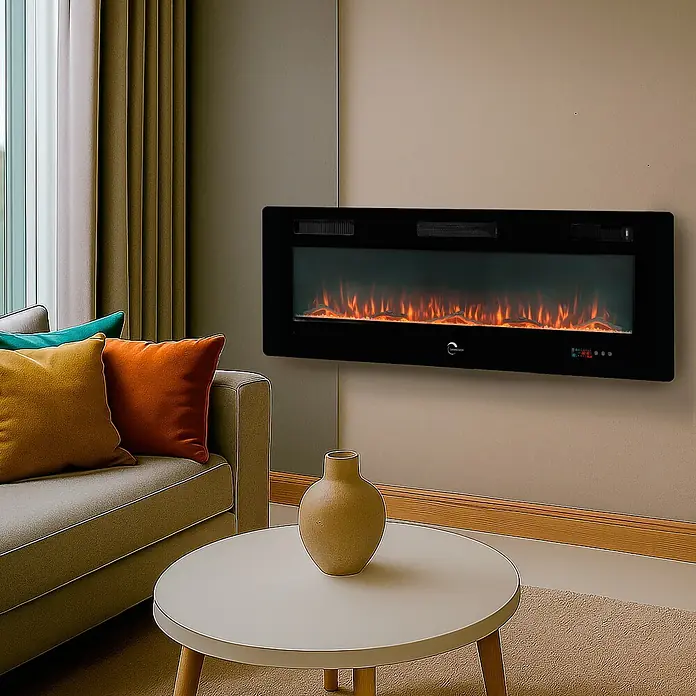 Sannover Kaminofen mit LED-Flammeneffekt Valtaia Plat 2000 W / 152 cm - 2 kW, Material Verkleidung: Stahl, Schwarz - Schwarzer Elektrokamin an einer hellen Wand, zeigt lebendige künstliche Flammen in einem modernen Wohnzimmer.
