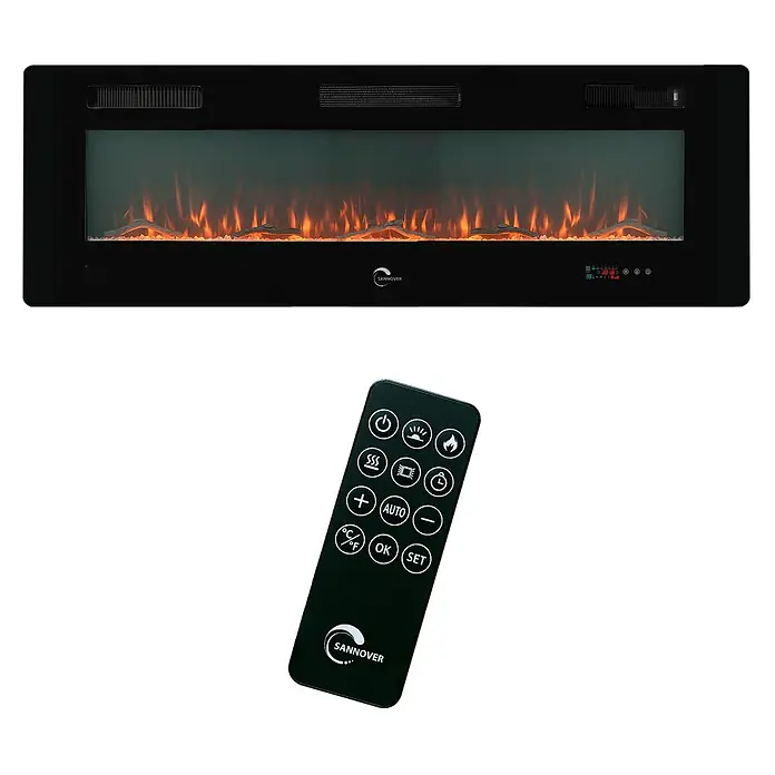 Sannover Kaminofen mit LED-Flammeneffekt Valtaia Plat 2000 W / 152 cm - 2 kW, Material Verkleidung: Stahl, Schwarz - Schwarzer Elektrokamin mit realistischem Flammeneffekt und Digitalanzeige, zusammen mit der schwarzen Fernbedienung.