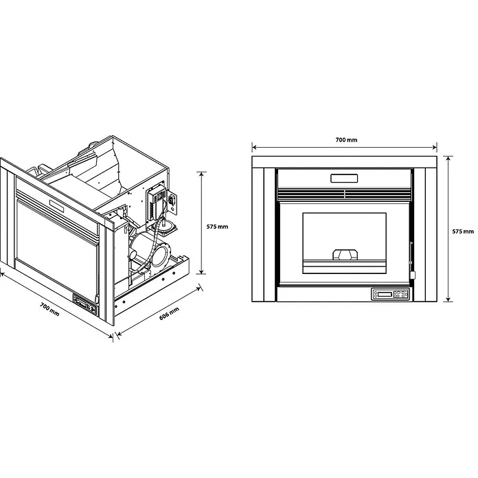 Sannover Pelletofen Idelya 9 kW - 9 kW, Raumheizvermögen: 240 m³, 1,8 kg/h, Farbe Verkleidung: Schwarz - Einbauheizgerät mit integriertem Gebläse und Bedienfeld, Abmessungen 700x575x606 mm.