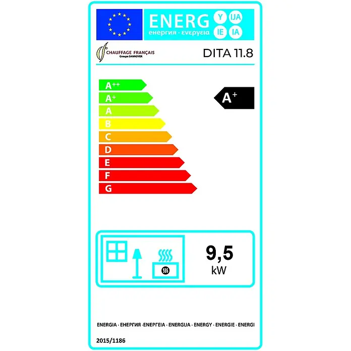 Sannover Kaminofen - 11,8 kW, Raumheizvermögen: 240 m³, Material Verkleidung: Stahl, Schwarz - Energieeffizienzlabel für ein Heizprodukt, zeigt die Klasse A+ und eine Leistung von 9,5 kW an.