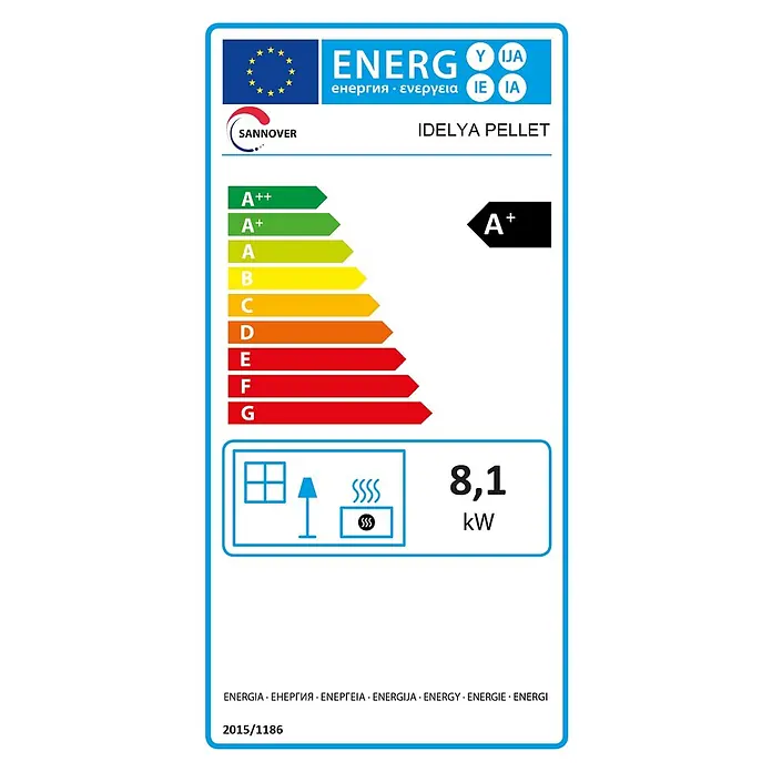 Sannover Pelletofen Idelya 9 kW - 9 kW, Raumheizvermögen: 240 m³, 1,8 kg/h, Farbe Verkleidung: Schwarz - EU-Energieetikett für SANNOVER IDELYA PELLET Ofen, Klasse A+, 8,1 kW Leistung.