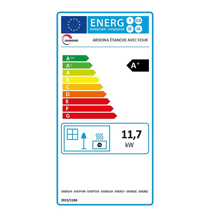 Sannover Pelletofen - 14,9 kW, Raumheizvermögen: 310 m³, 2,4 kg/h, Farbe Verkleidung: Schwarz - Europäisches Energielabel für ein Sannover Ardoria Étánche avec Four Heizgerät, mit Energieeffizienzklasse A+ und 11,7 kW Leistung.