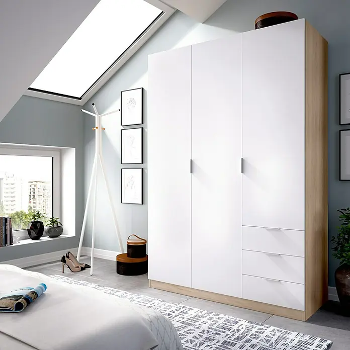 Dekit Armario para ropa Essen con cajones - L x An x Al: 52 x 121 x 184 cm, Blanco/Natural, Número de cajones: 3 ud. - Un armario espacioso en blanco y aspecto de madera ofrece un amplio espacio de almacenamiento para ropa y accesorios en el dormitorio.