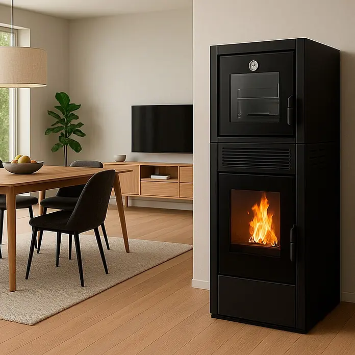 Sannover Pelletofen - 14,9 kW, Raumheizvermögen: 310 m³, 2,4 kg/h, Farbe Verkleidung: Schwarz - Schwarzer Pelletofen mit sichtbarer Flamme und integriertem Backofen in einem modernen Wohnzimmer.
