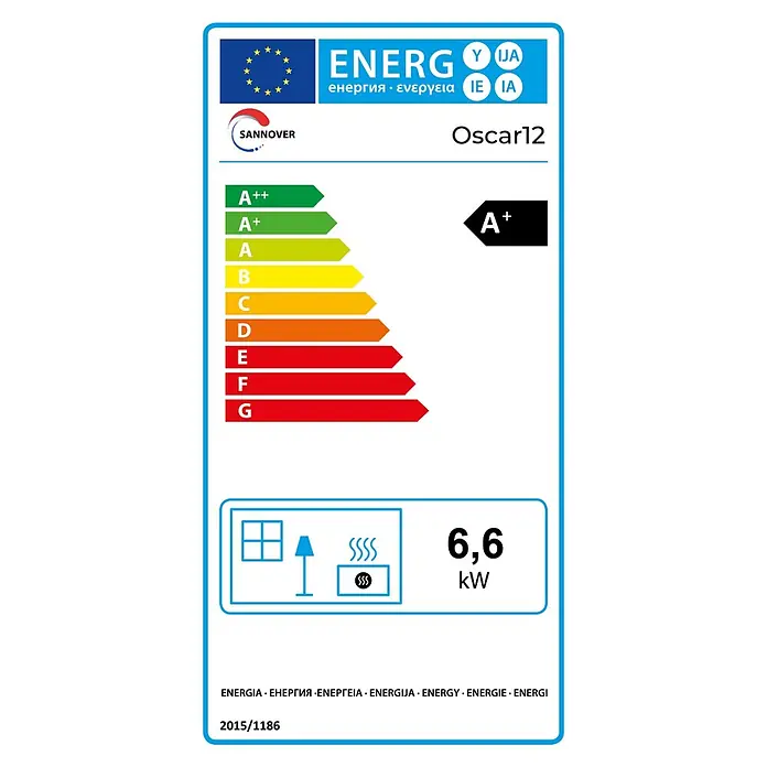 Sannover Kaminofen 8,2 kW - 8,2 kW, Raumheizvermögen: 300 m³, Material Verkleidung: Stahl, Schwarz - Energielabel für SANNOVER Oscar12 Heizgerät, Klasse A+, 6,6 kW Leistung, Verordnung 2015/1186.