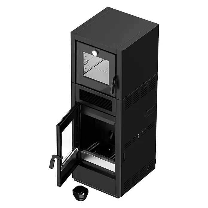 Sannover Pelletofen - 14,9 kW, Raumheizvermögen: 310 m³, 2,4 kg/h, Farbe Verkleidung: Schwarz - Schwarzer Pelletofen mit integriertem Backofen und offener Brennkammer, zeigt Innenraum und herausnehmbaren Brenntopf.